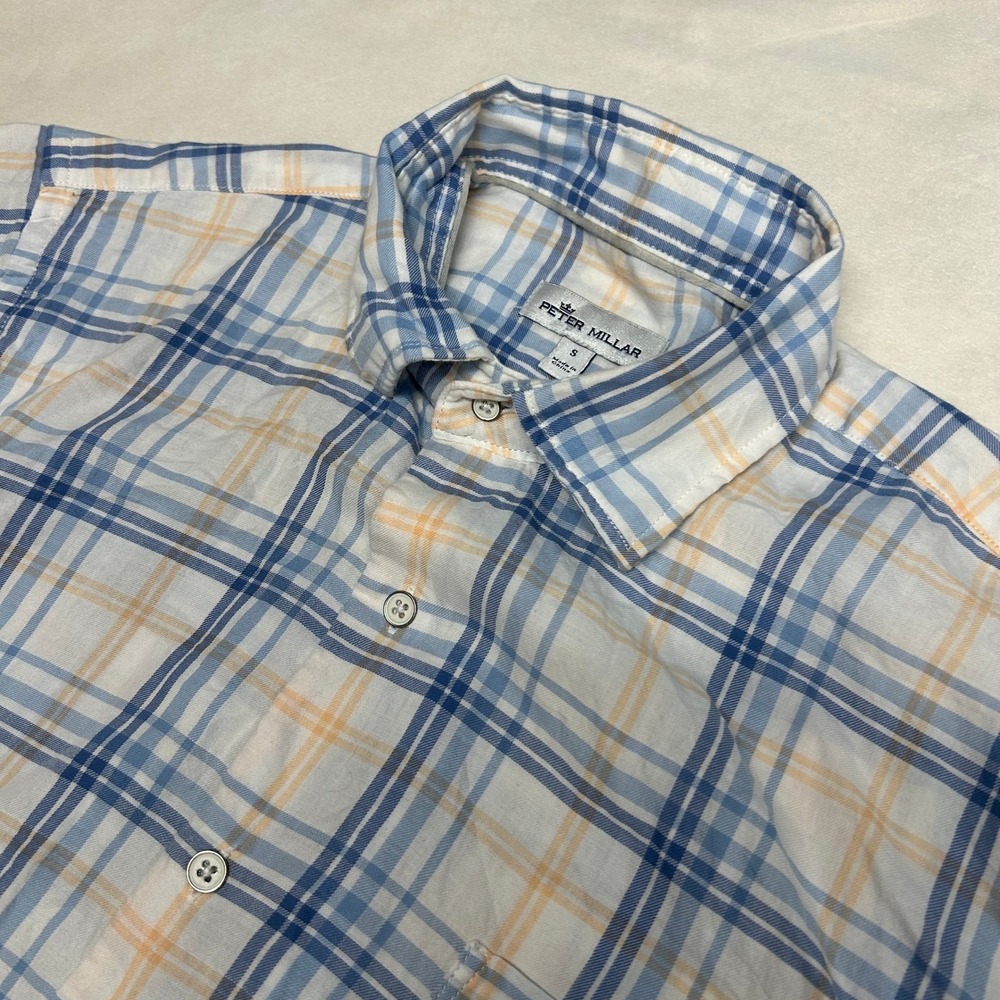 Peter Millar Mens Small Blue Orange Plaid Cotton Button Down Shirt Long Sleeve